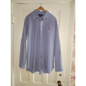 Ralph Lauren Shirt XL Oxford Classic Fit Polo Tall ButtonUp Blue Striped Pony